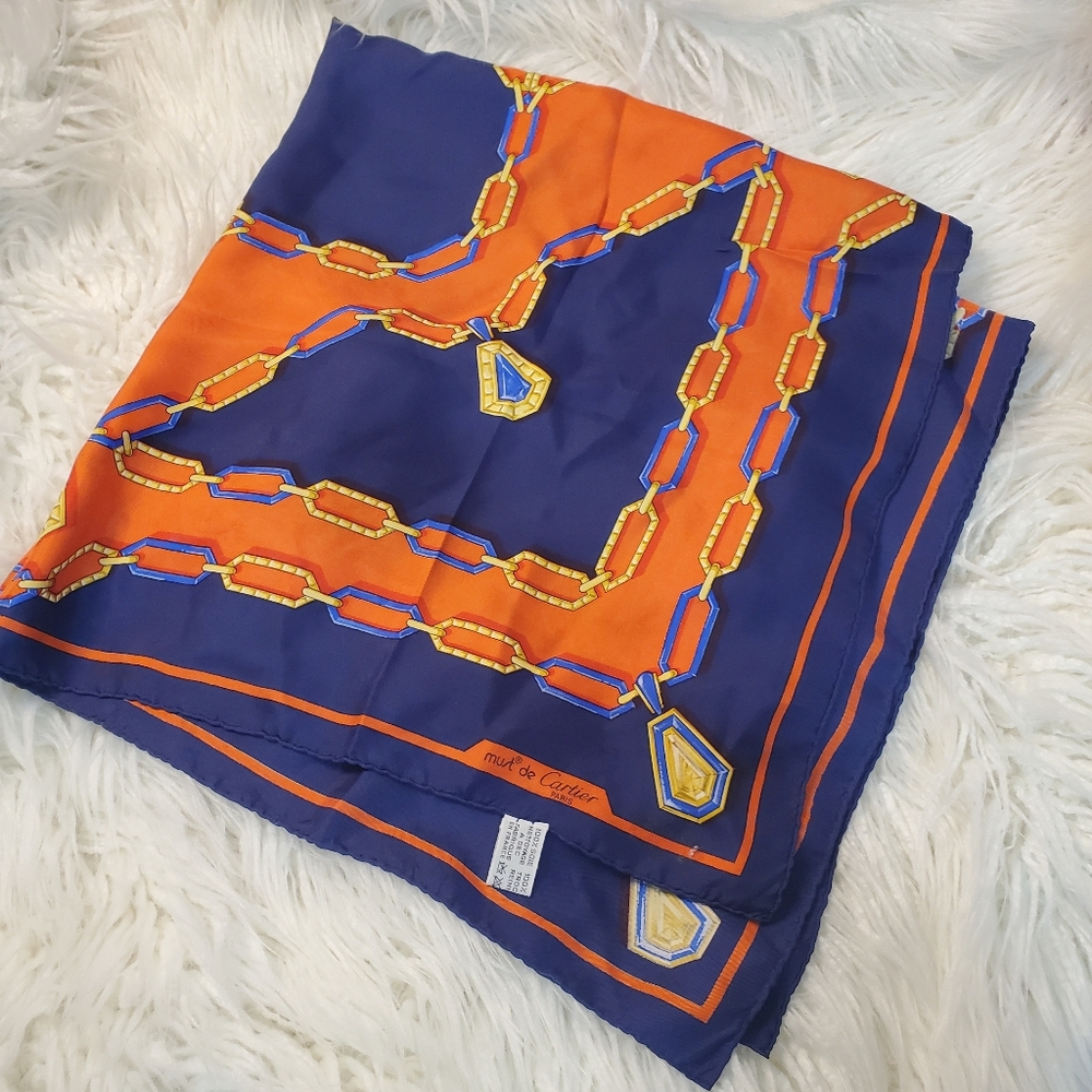 Cartier Silk Authentic Paris Scarf with stone pendant chain motif must de